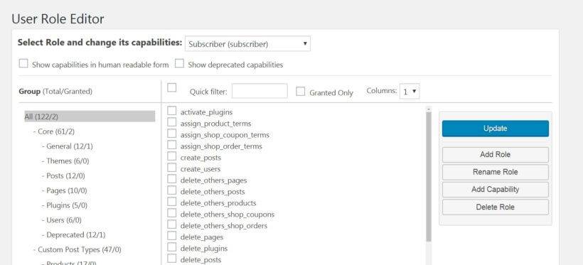 User role editor plugin settings