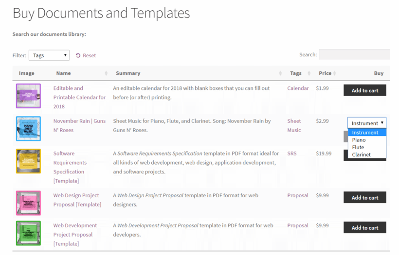 Preview of document product variations on the front-end using WooCommerce Product Table plugin