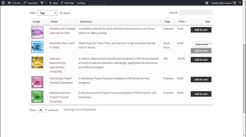 Sample documents for sale using the WooCommerce Product Table plugin