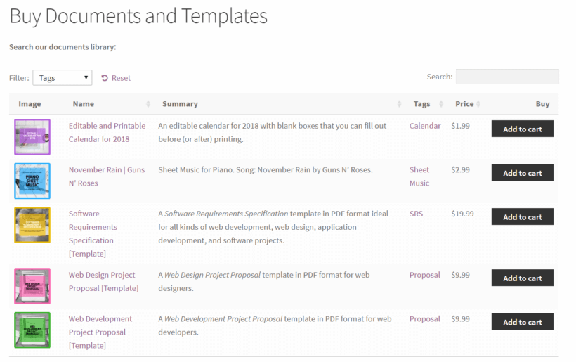 Preview of the WooCommerce Product Table on the front-end listing documents