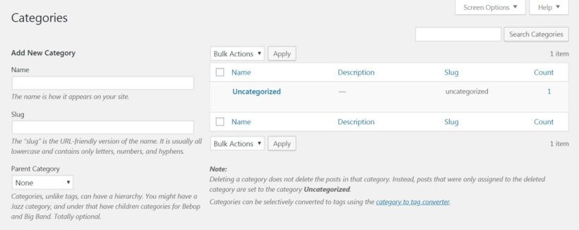 The WordPress Categories screen.