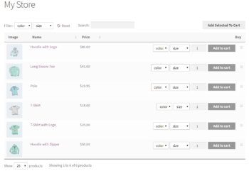 WooCommerce Product Table plugin with product variations displayed as dropdown lists.
