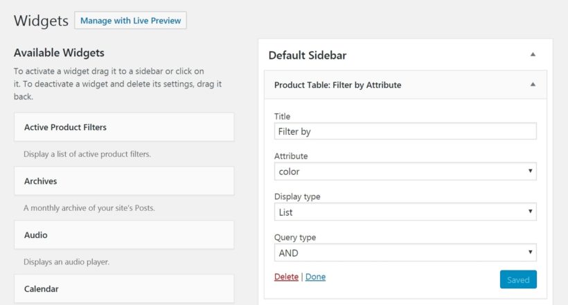 The WooCommerce Product Table filters widget.
