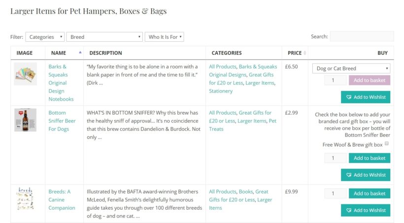 A product table on the Barks & Squeaks website.