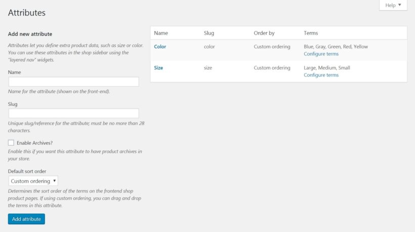 The Product Attributes section in WooCommerce.