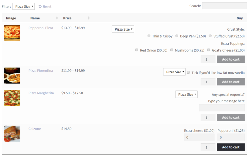 Table layout with various product add-on options