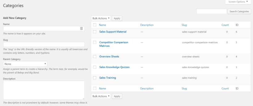 Categories screen in the WordPress back-end.