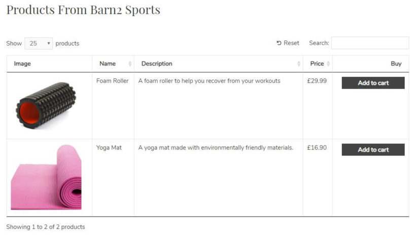 Example of product list