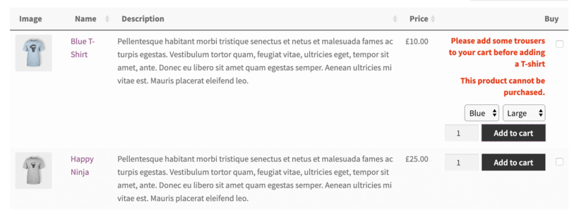 WooCommerce product restrictions in product table.
