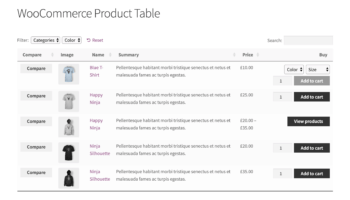 WooCommerce Product Table with comparison buttons