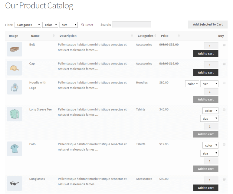 WordPress product catalog created using WooCommerce Product Table with add to cart buttons