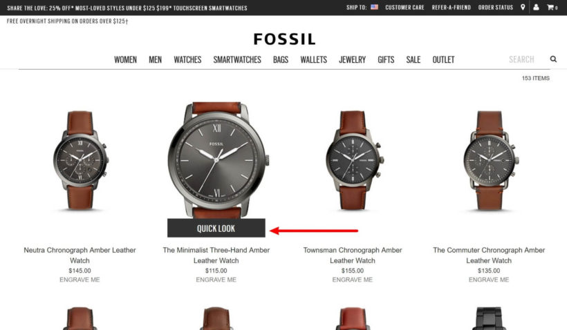 Example of product quick view at Fossil