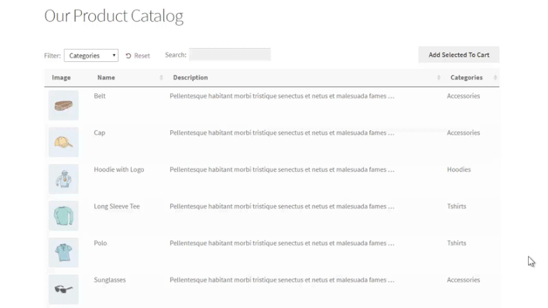 WordPress product catalog created using WooCommerce Product Table
