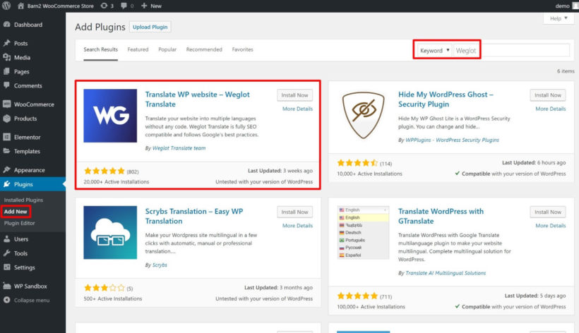 Install Weglot plugin to create multilingual WooCommerce store