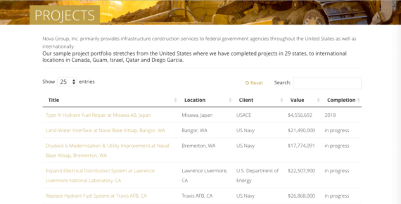 The Projects table from Nova Group.