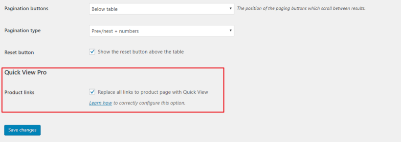 Quick View Pro setting in WooCommerce Product Table's settings