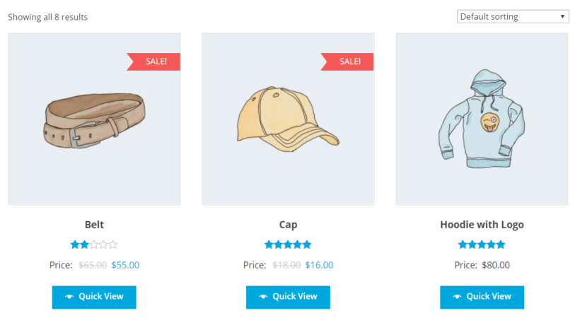 Main shop page in WooCommerce with Quick View links