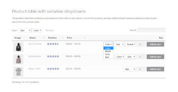 Product variations in drop-down menus.