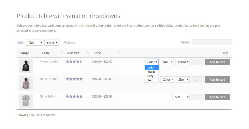 Product variations in drop-down menus.