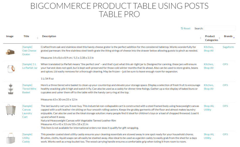 BigCommerce product table preview