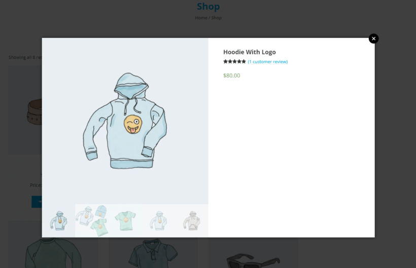 WooCommerce product lightbox displaying images, reviews, and price