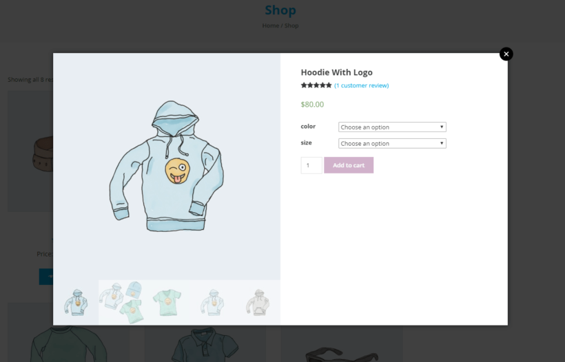 WooCommerce product lightbox displaying images, reviews, price, and add to cart