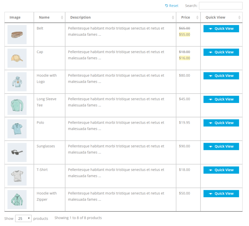 WooCommerce product table with lightbox