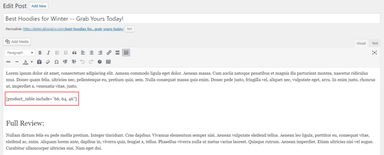 WooCommerce Product Table shortcode in text editor