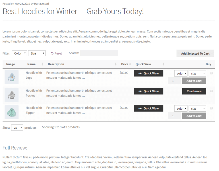 Preview of the WooCommerce Product Table plugin