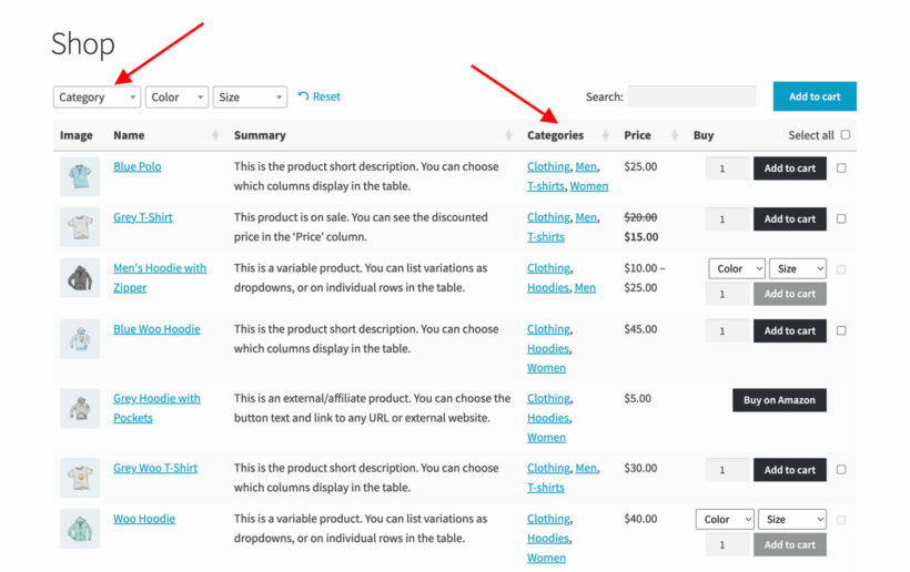WooCommerce Product Table with categories displayed on shop page