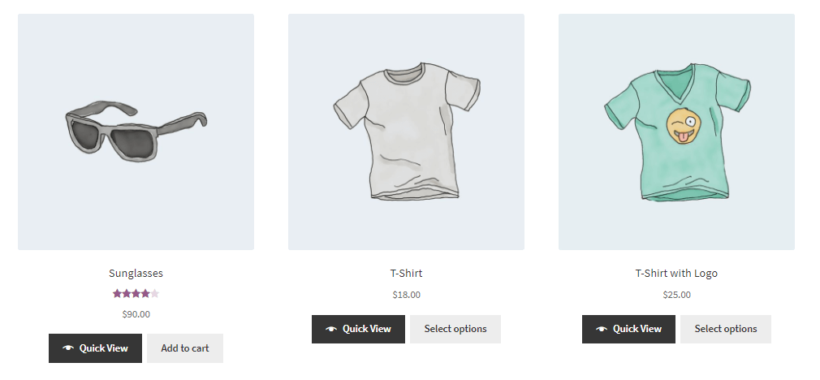 WooCommerce Quick View Pro default preview with quick view buttons