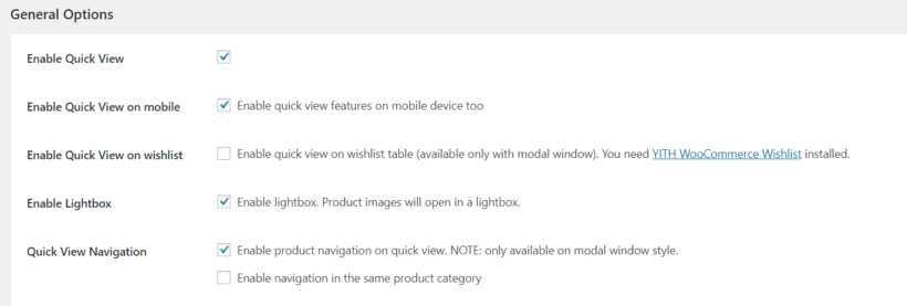 YITH WooCommerce Quick View general settings