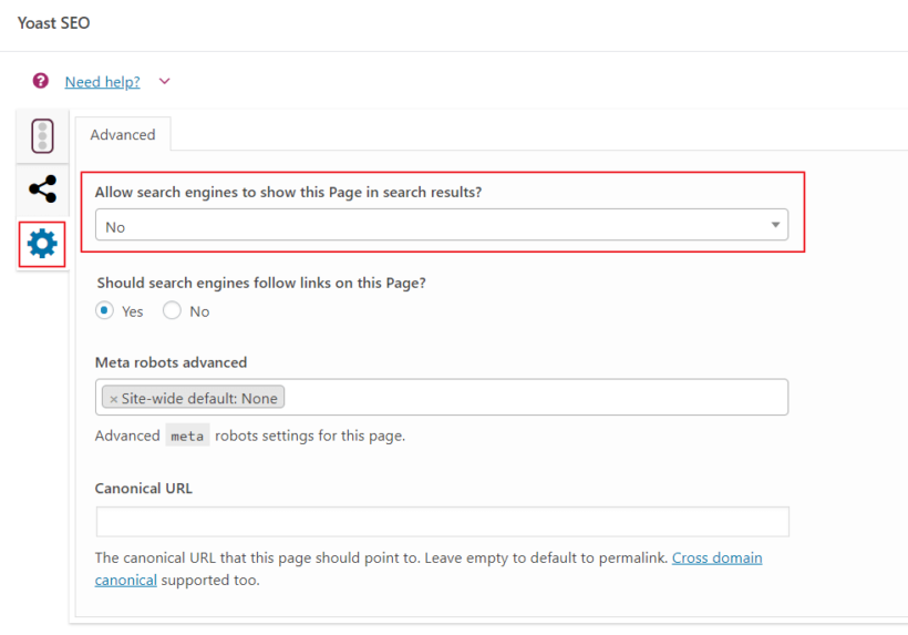 Page set to noindex using Yoast SEO plugin