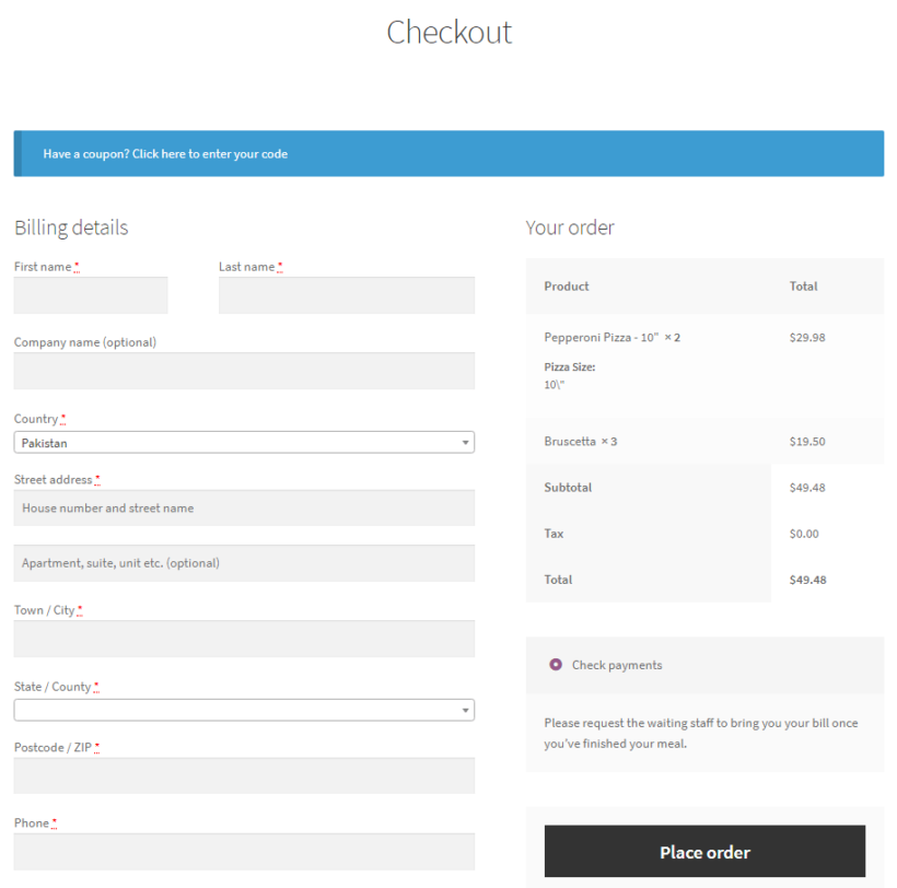 WooCommerce default checkout page