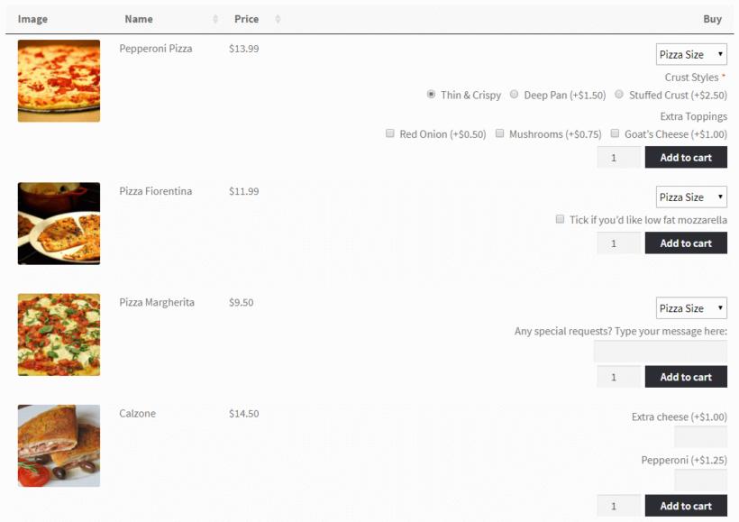 WooCommerce Product Table with WooCommerce Product Add-Ons