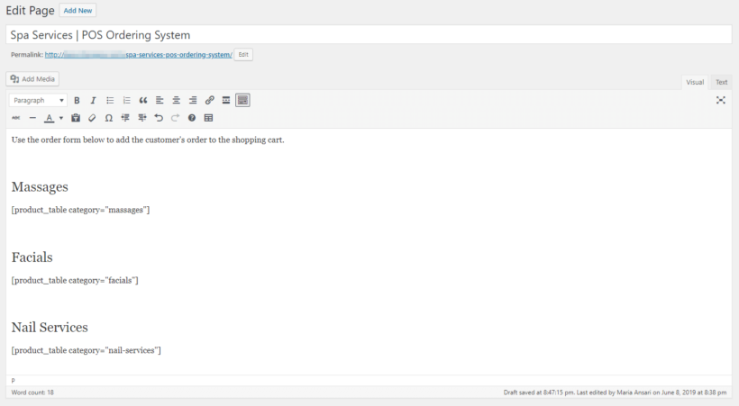 Spa Services POS ordering system in WordPress