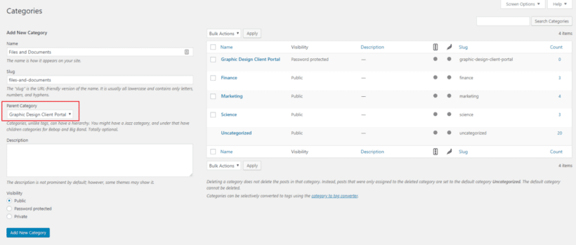 Creating sub-category in WordPress portal plugin