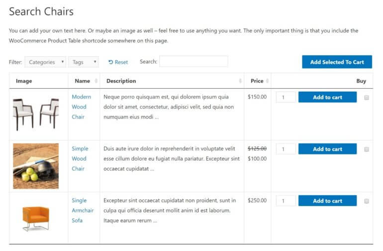 A WooCommerce category page with a table layout