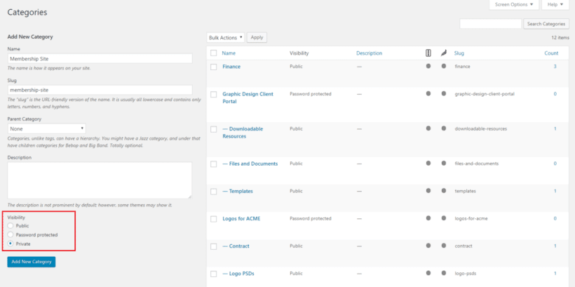 Add a new category and set visibility using Password Protected Categories