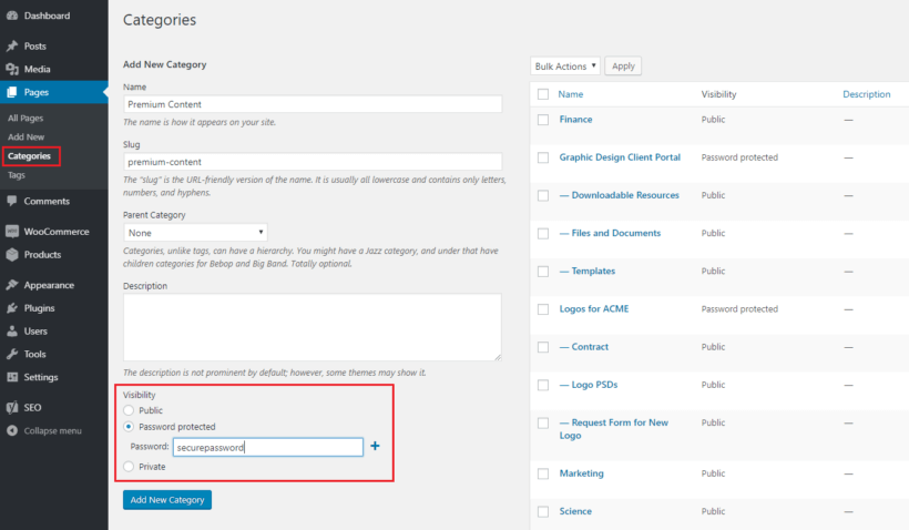 Set visibility of page categories using Password Protected Categories plugin