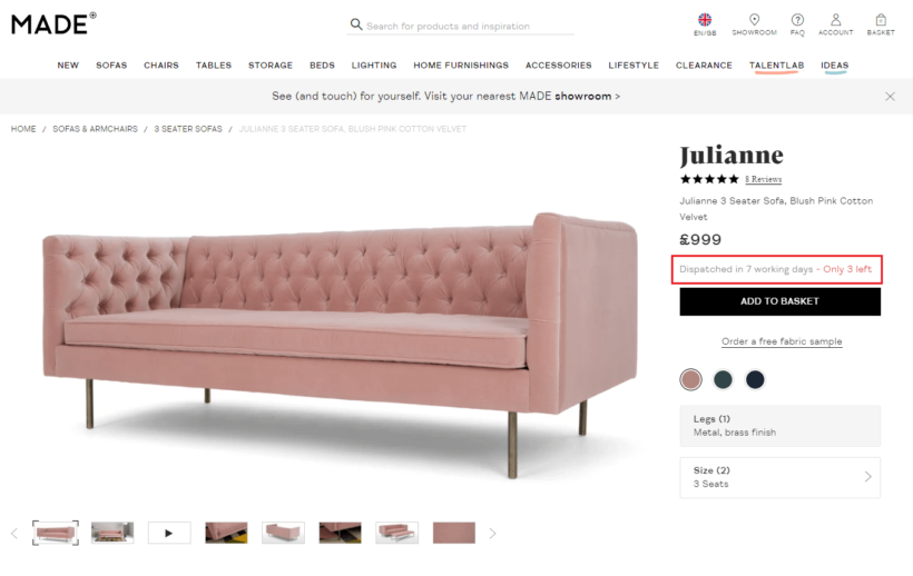Ecommerce product lead time on Made.com