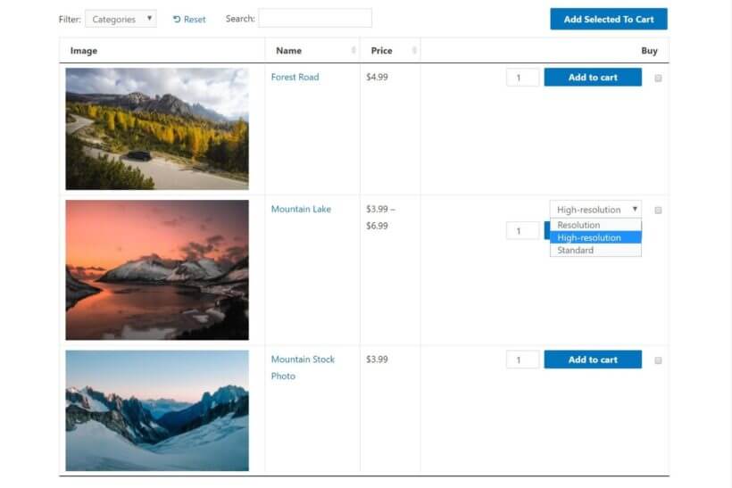 Sell photos on WooCommerce with a table layout