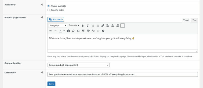 Display customer specific pricing message in product page content