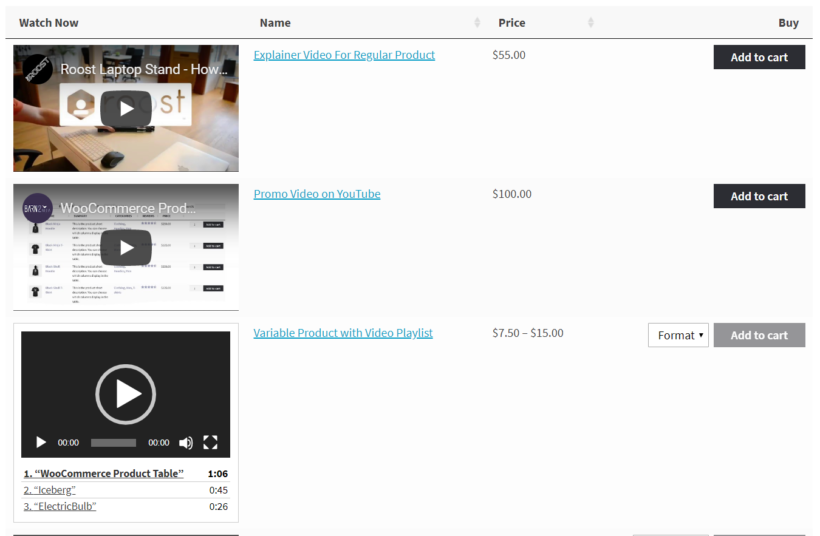 Displaying video content in a table layout