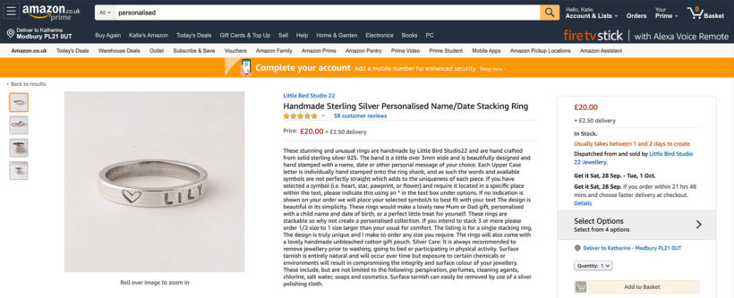 Amazon personalized product with dispatch time