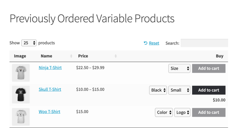 Previously Ordered Variations WooCommerce