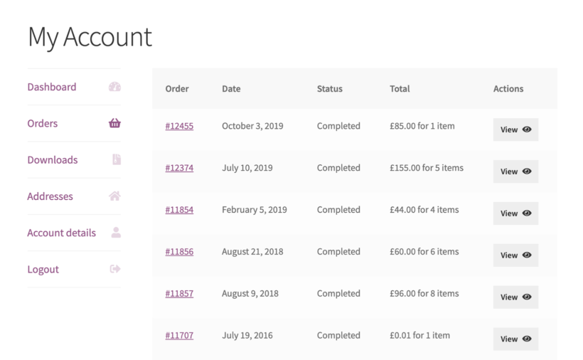 WooCommerce Account Page List Orders