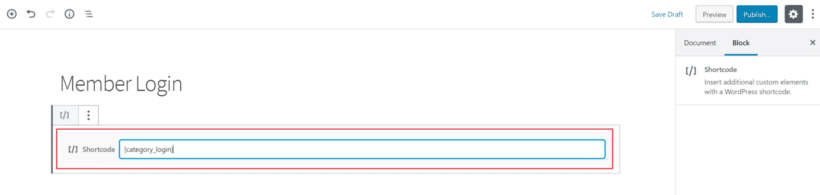 Gutenberg text editor with shortcode