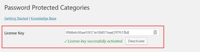 Password Protected Categories license key field