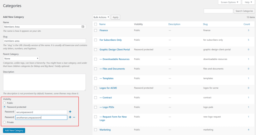 Set multiple passwords with Password Protected Categories